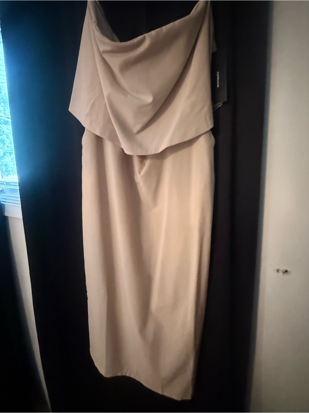 Lulu's Strapless Draped Midi Dress in Beige
